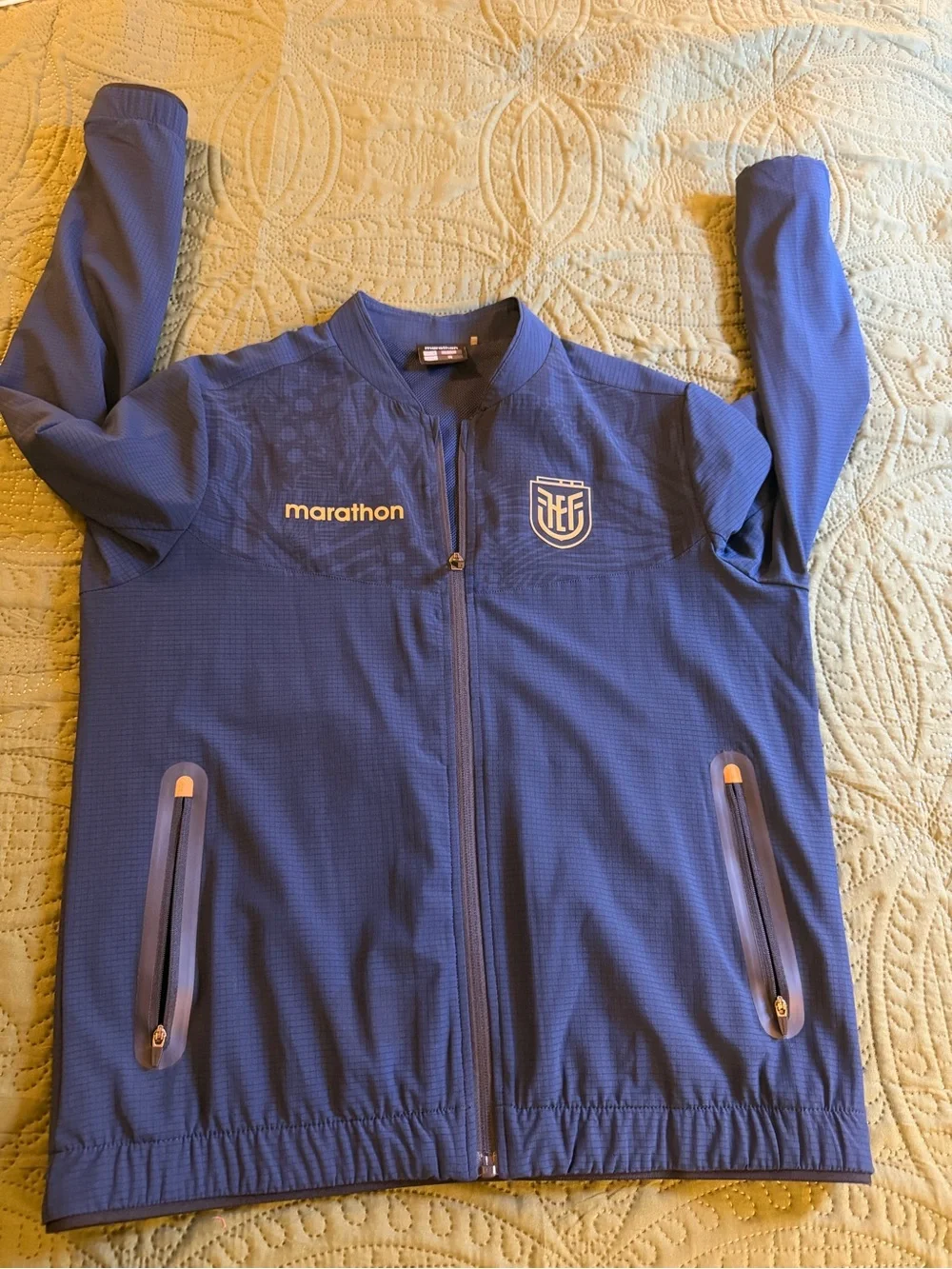 Marathon Blue Full-Zip Athletic Jacket with Embroidered Crest